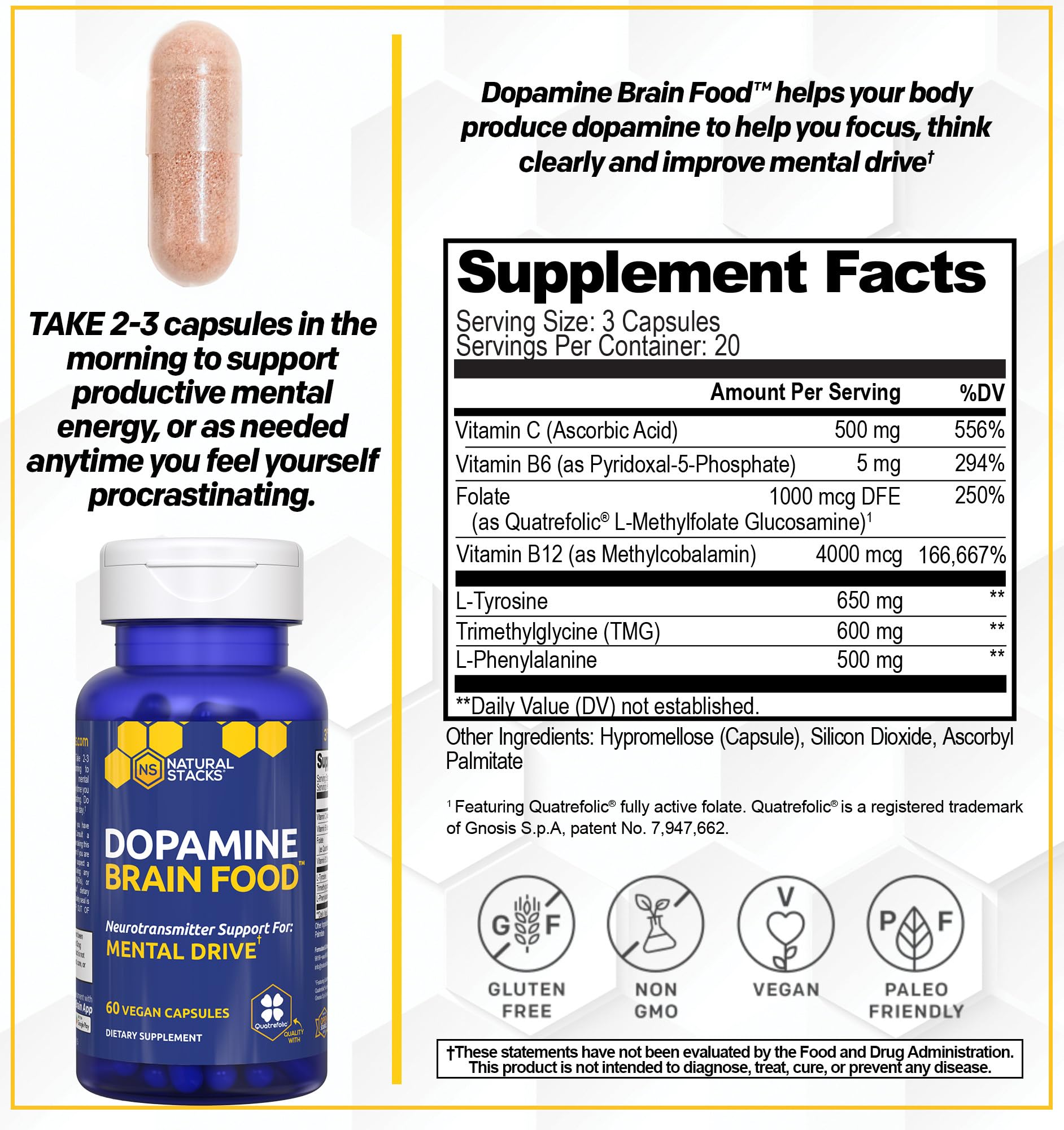 NATURAL STACKS Dopamine Brain Food - 650mg L-Tyrosine Supplement - Dopamine Supplement for Focus & Mental Drive - Supports Mental Energy - Neurotransmitter Support with B Vitamins - 60 Capsules NATURAL STACKS buy australia supplements