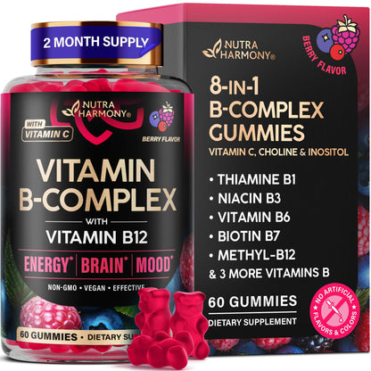 Vitamin B-Complex Gummies for Women & Men - Vitamin B12, B1, B2, B3, B5, B6, B7 & B9 - B Complex with Vitamin C & Choline - Energy, Brain & Mood NUTRAHARMONY