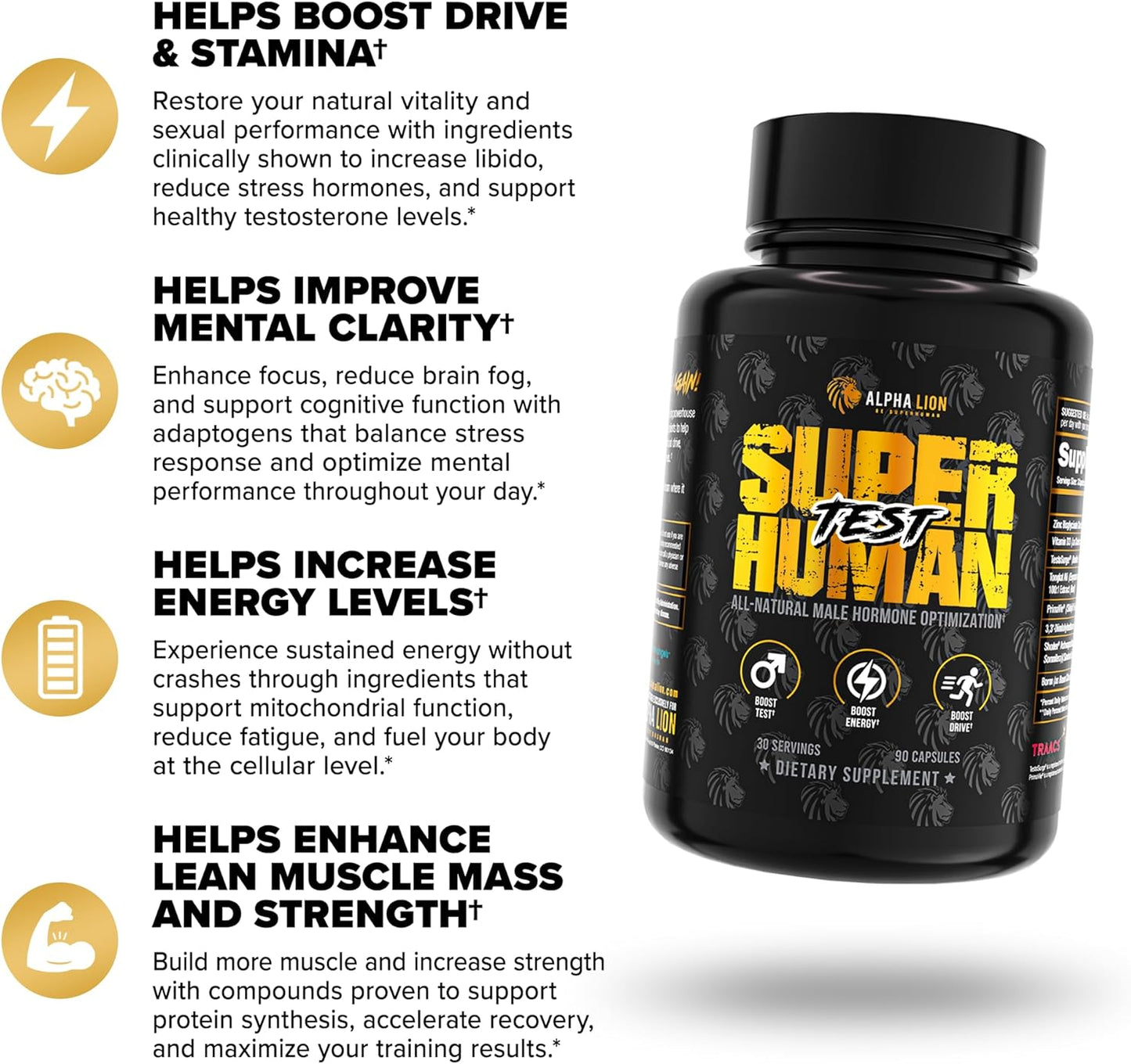 ALPHA LION Superhuman Test – Natural Testosterone Booster for Men | Boost Energy, Drive, Muscle Strength & Mental Focus with PrimaVie, Shoden Ashwagandha & TestoSurge