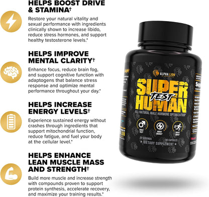 ALPHA LION Superhuman Test – Natural Testosterone Booster for Men | Boost Energy, Drive, Muscle Strength & Mental Focus with PrimaVie, Shoden Ashwagandha & TestoSurge
