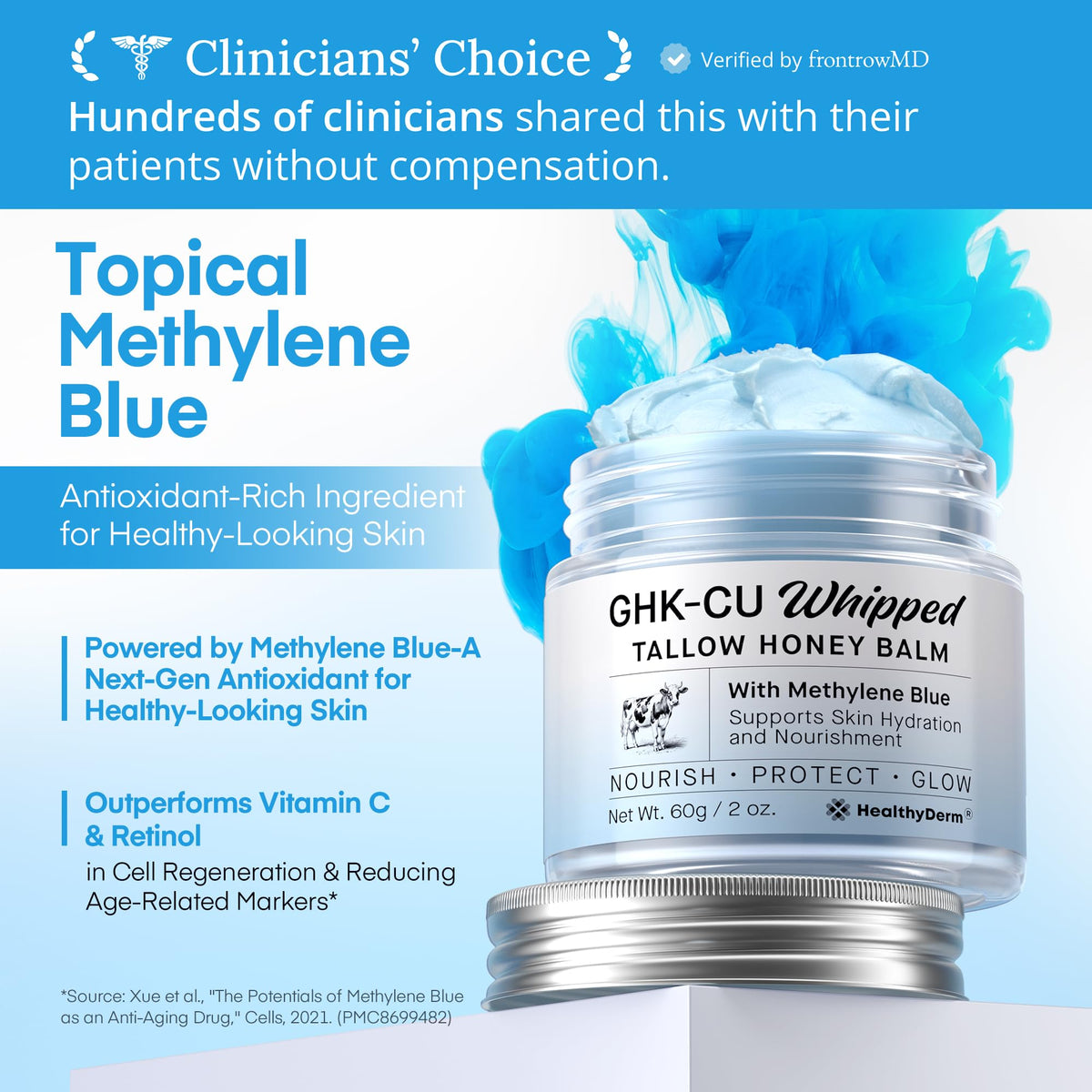 HealthyDerm Copper Peptides GHK-Cu Beef Tallow for Skin: Blue Balm with Methylene Blue, Manuka Honey & Vitamin E – Natural Face and Body Moisturizer for Mature, Dry & Sensitive Skin – 2oz HealthyDerm