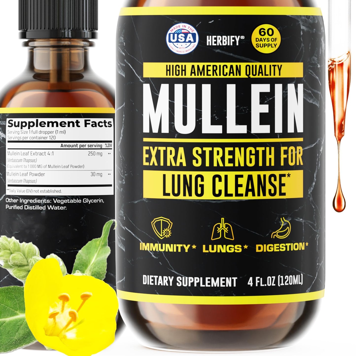 HERBIFY Mullein Drops - Lung Cleanse - Leaf Extract - Powerful Mullein for Immune Support,Detox & Respiratory Support - Made in USA HERBIFY