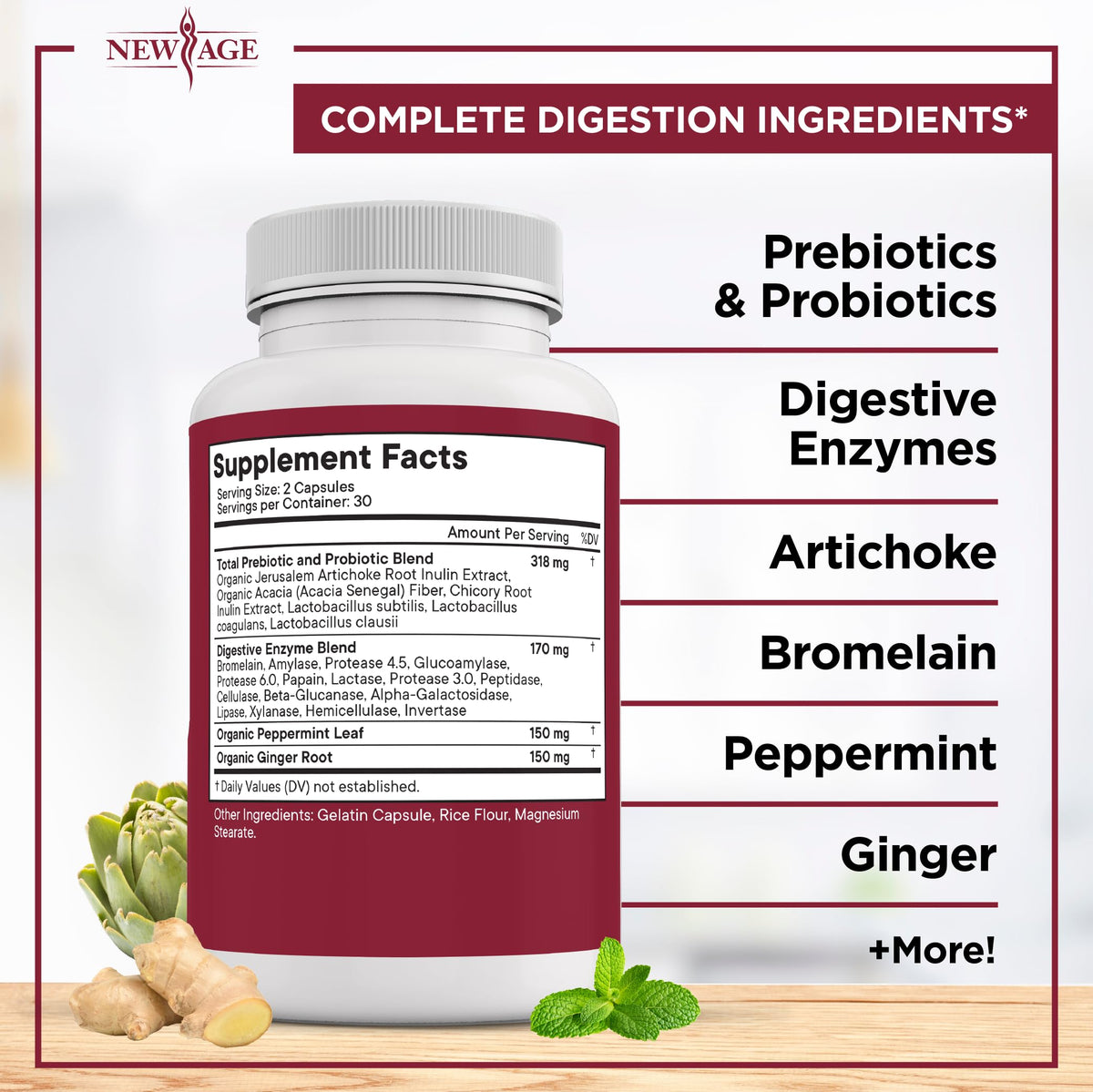 NEW AGE Digestive Enzymes for Gut Health - Probiotic Multi Enzymes with Prebiotics and Probiotics with Lipase for Women and Men for Digestive Health, NEW AGE