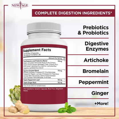 NEW AGE Digestive Enzymes for Gut Health - Probiotic Multi Enzymes with Prebiotics and Probiotics with Lipase for Women and Men for Digestive Health, NEW AGE