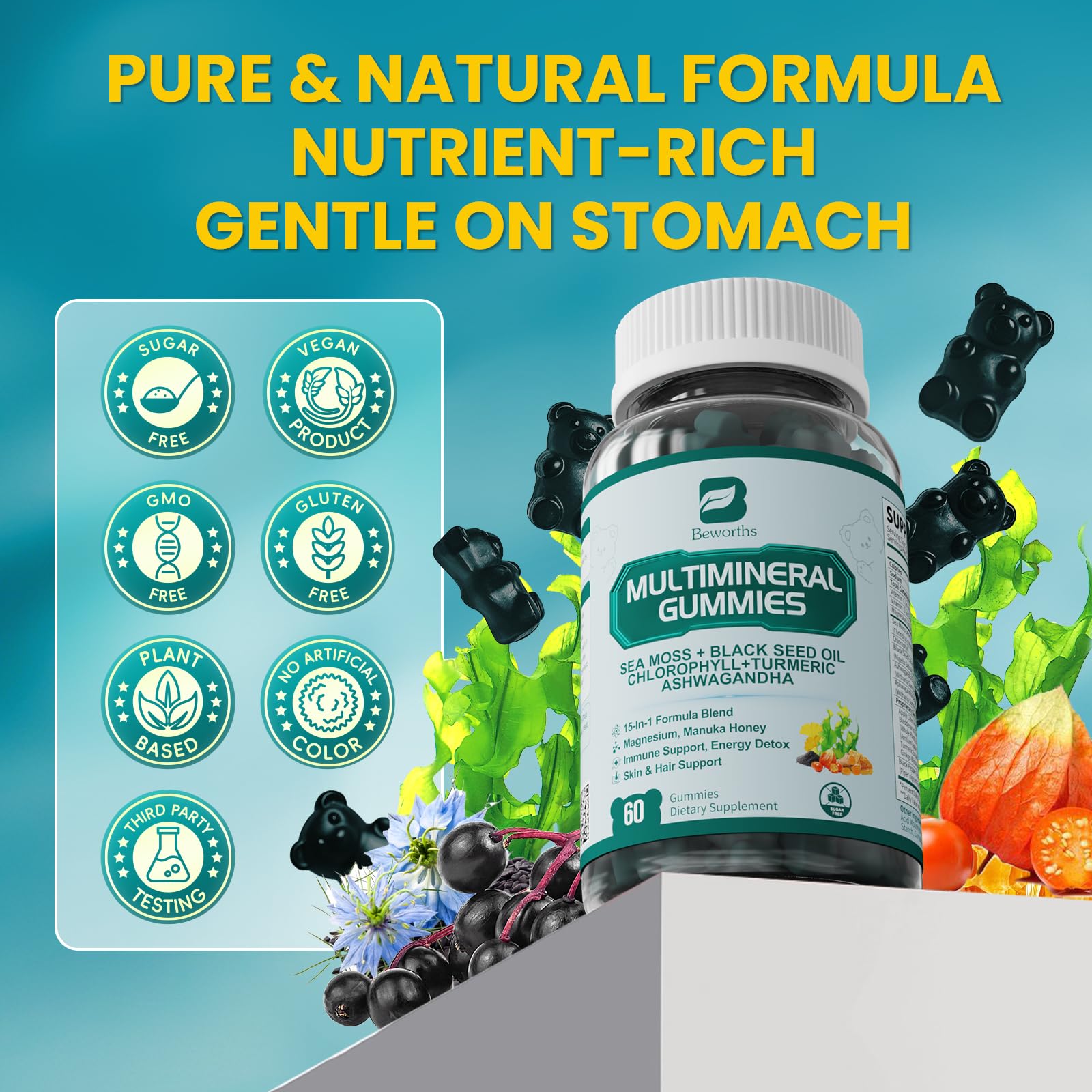 Sea Moss Gummies with Ashwagandha & Chlorophyll, Immune, Digestive and Gut Detox Support, Powered by Black Seed Oil, Vitamin C, Vitamin D & Magnesium, GMO, Vegan, Apple Flavor, 60 SeaMoss Gummies B BEWORTHS buy australia supplements