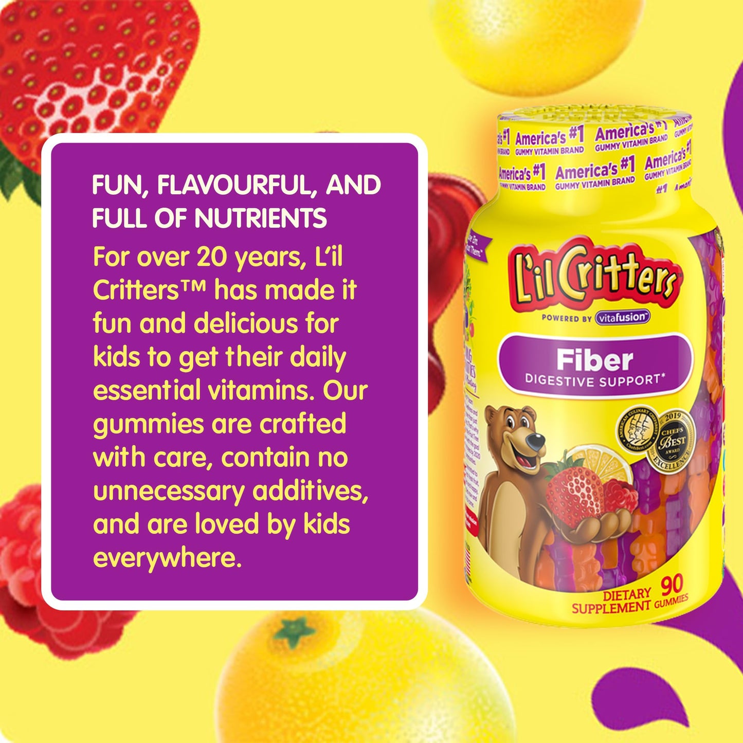 L’il Critters Fiber Daily Gummy Supplement for Kids, for Digestive Support, Berry and Lemon Flavors, 90 Gummies Lil Critters