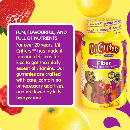 L’il Critters Fiber Daily Gummy Supplement for Kids, for Digestive Support, Berry and Lemon Flavors, 90 Gummies Lil Critters
