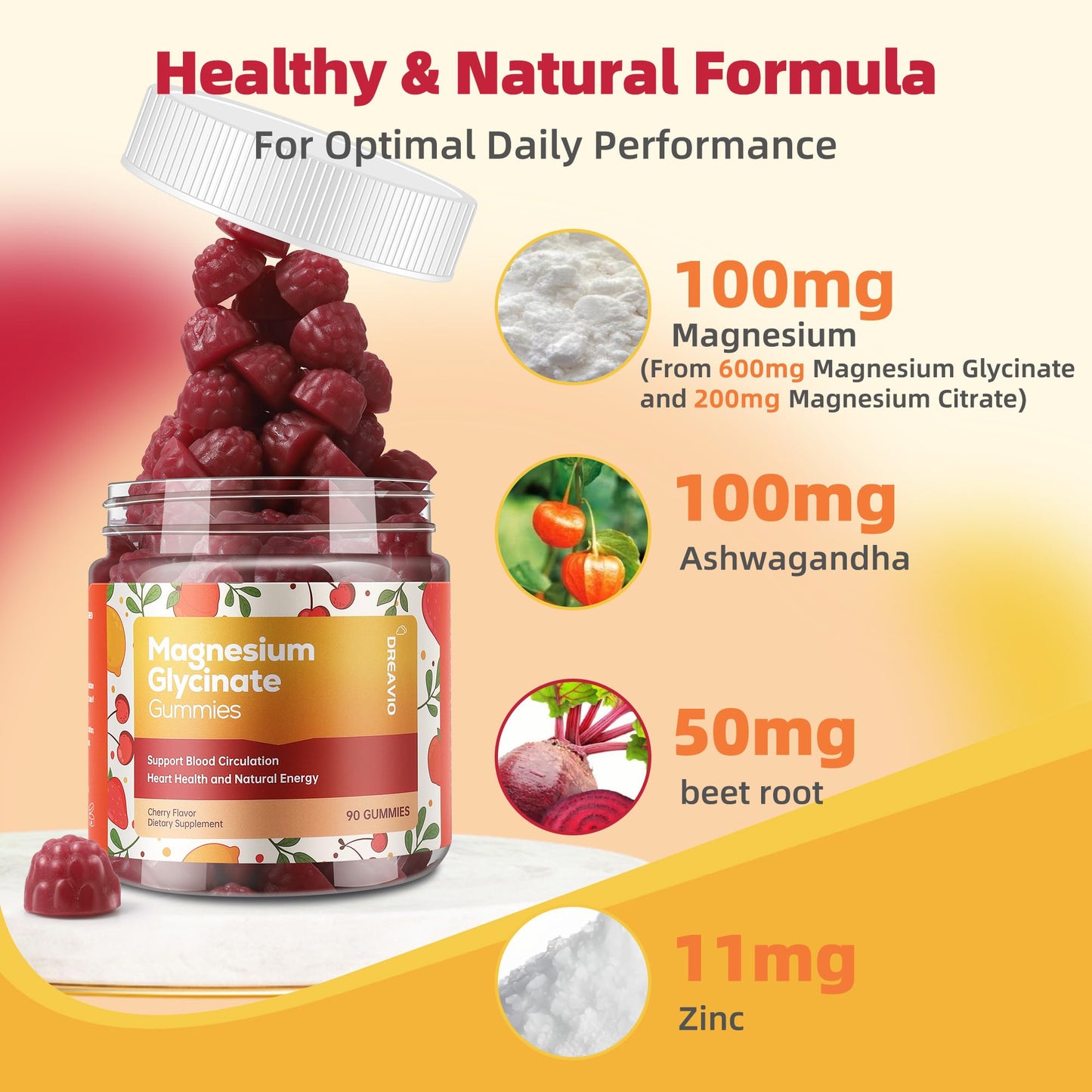 DREAVIO 90 Count Magnesium Glycinate Gummies w/Ashwagandha Supplement - Sugar Free Zinc Magnesium Glycinate DREAVIO
