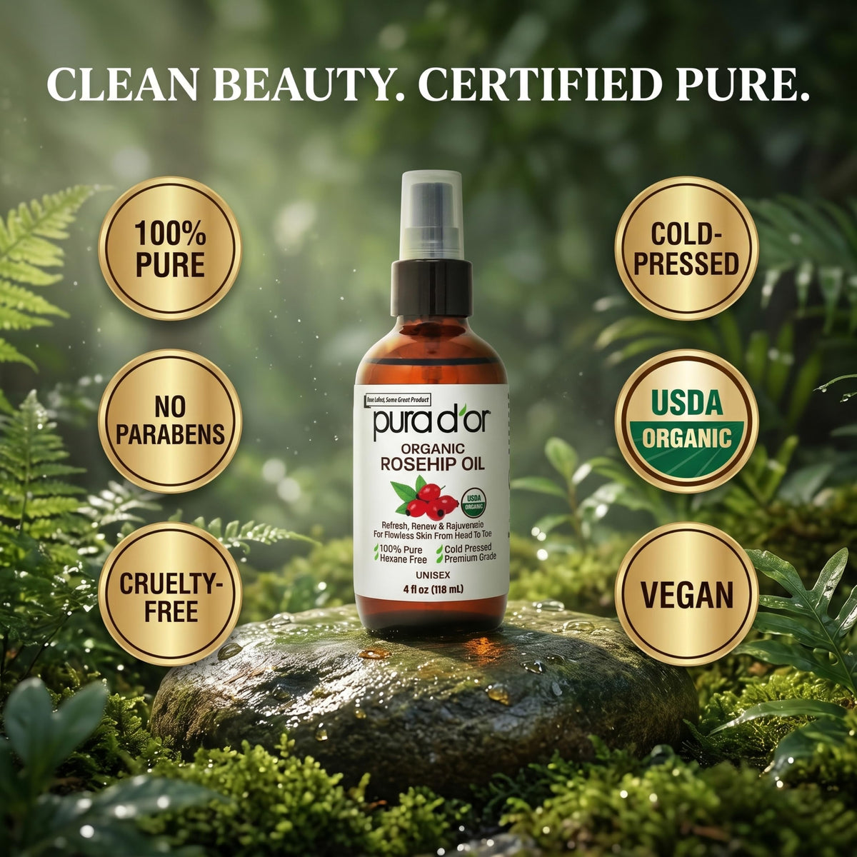 PURA D'OR ORGANIC Rosehip Seed Oil Pure Cold-Pressed for Face, 4oz PURA D'OR
