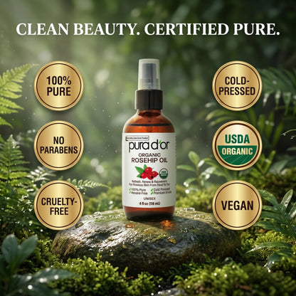 PURA D'OR ORGANIC Rosehip Seed Oil Pure Cold-Pressed for Face, 4oz PURA D'OR