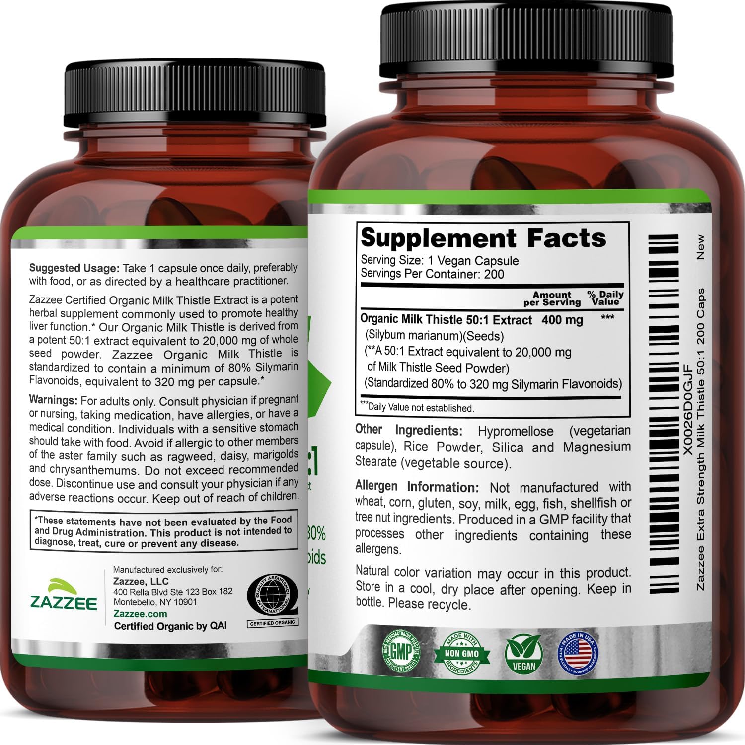 Zazzee USDA Organic Milk Thistle 50:1 Extract, 200 Vegan Capsules | 80% Silymarin Flavonoids, 6+ Month Supply, Silybum Marianum, Liver Support & Detox Support, All-Natural, Non-GMO, Made in USA Gsupps Australia