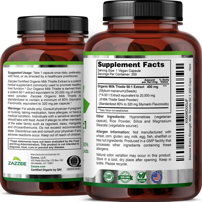 Zazzee USDA Organic Milk Thistle 50:1 Extract, 200 Vegan Capsules | 80% Silymarin Flavonoids, 6+ Month Supply, Silybum Marianum, Liver Support & Detox Support, All-Natural, Non-GMO, Made in USA Gsupps Australia