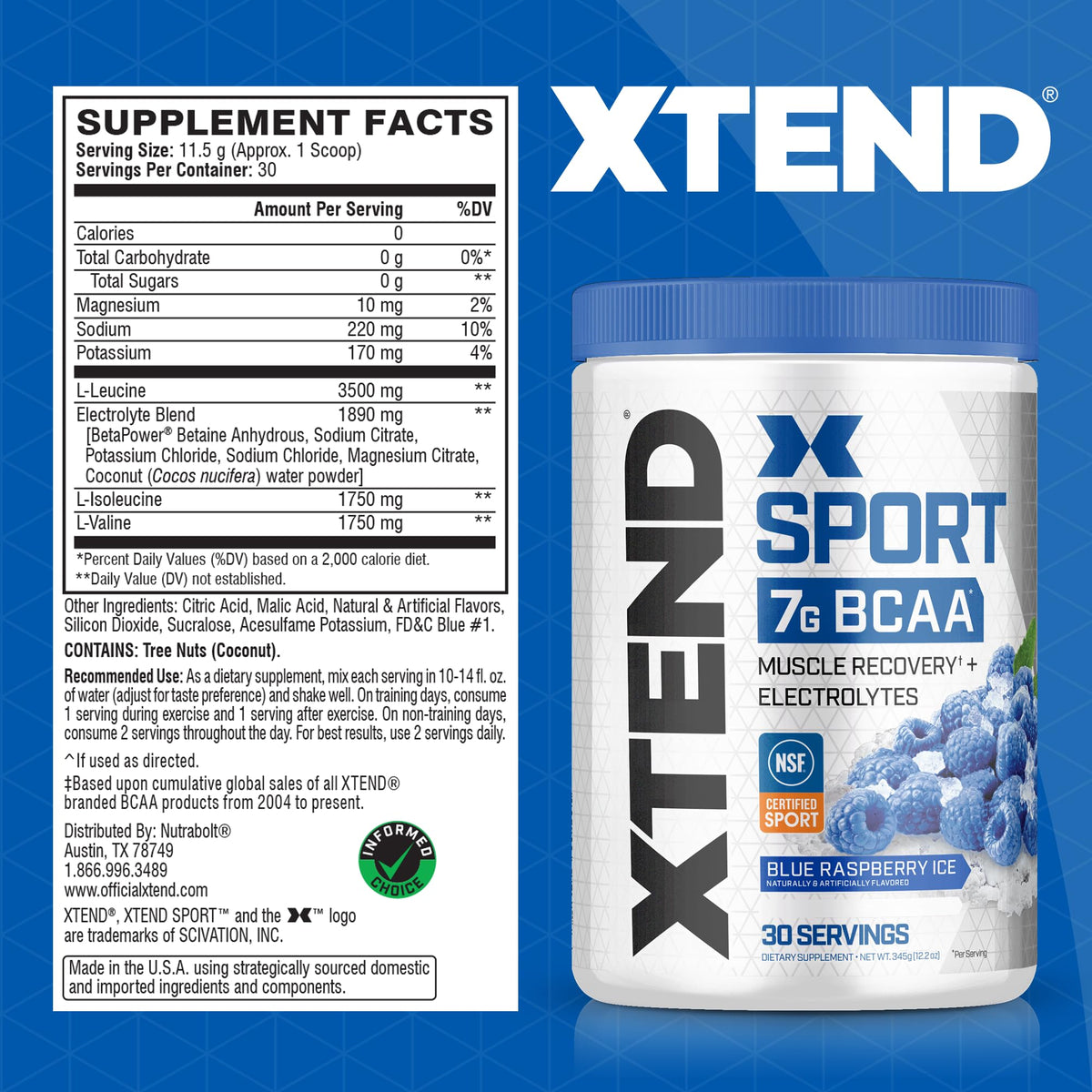 XTEND Sport BCAA Powder Blue Raspberry Ice - Electrolyte Powder for Recovery & Hydration with Amino Acids - 30 Servings Scivation