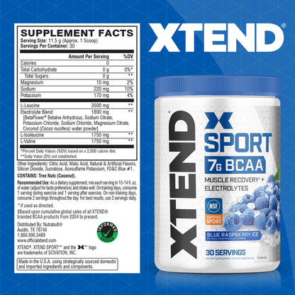 XTEND Sport BCAA Powder Blue Raspberry Ice - Electrolyte Powder for Recovery & Hydration with Amino Acids - 30 Servings Scivation