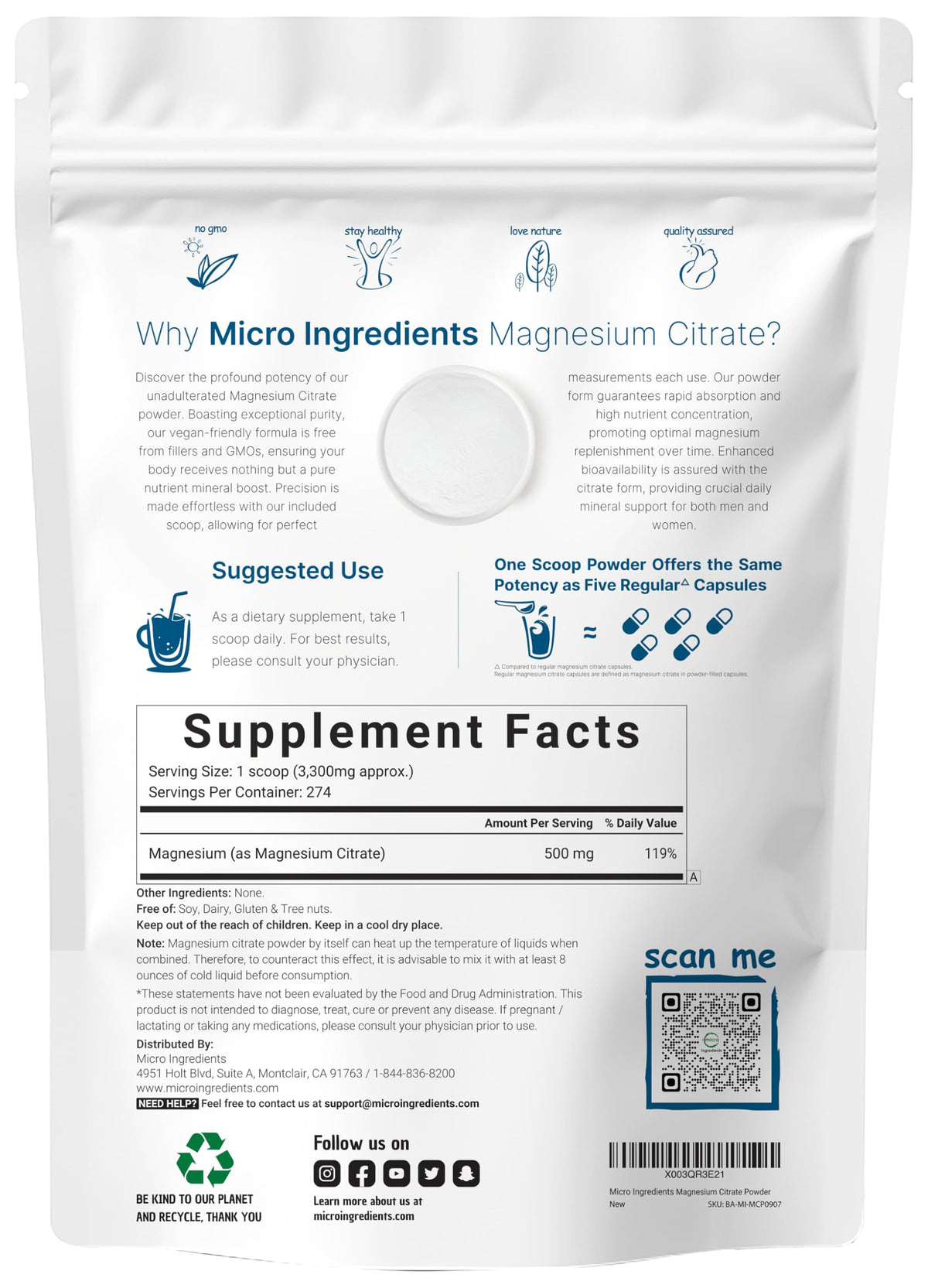 Magnesium Citrate Powder, 2lbs | Unflavored Magnesium Supplement | Relaxation and Nutrient Utilization | Easily Absorbed Formula | Non-GMO, Vegan, Gluten Free Micro Ingredients