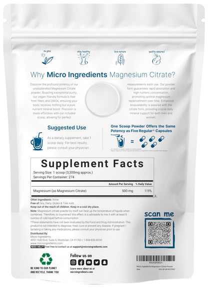 Magnesium Citrate Powder, 2lbs | Unflavored Magnesium Supplement | Relaxation and Nutrient Utilization | Easily Absorbed Formula | Non-GMO, Vegan, Gluten Free Micro Ingredients
