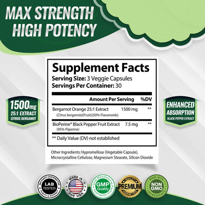 Citrus Bergamot Supplement 1500mg - 25:1 Bergamot Extract to Support Overall Health, Immune System, Potent Antioxidant High Absorption Natural Toplux