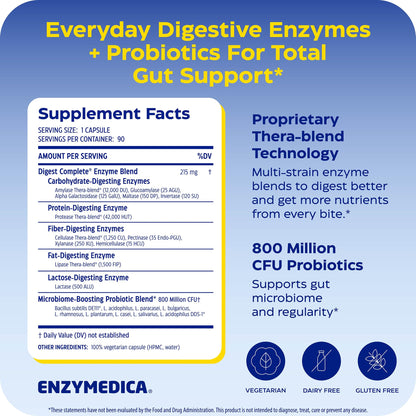Enzymedica Digest Complete + Probiotics - Digestive Enzyme Supplement for Women & Men, Enzyme and Probiotic Capsules for Digestion, Gut Health Support, Helps Gas & Bloating, Vegetarian - 90 Caps Gsupps Australia