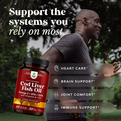 Cod Liver Oil Capsules, Omega 3 Fish Oil, 100 Mini Softgels | 1,000 mg per 2-softgel serving with 240 mg total omega-3s, EPA & DHA, vitamins A & D3, from wild-caught Icelandic cod Gsupps Australia