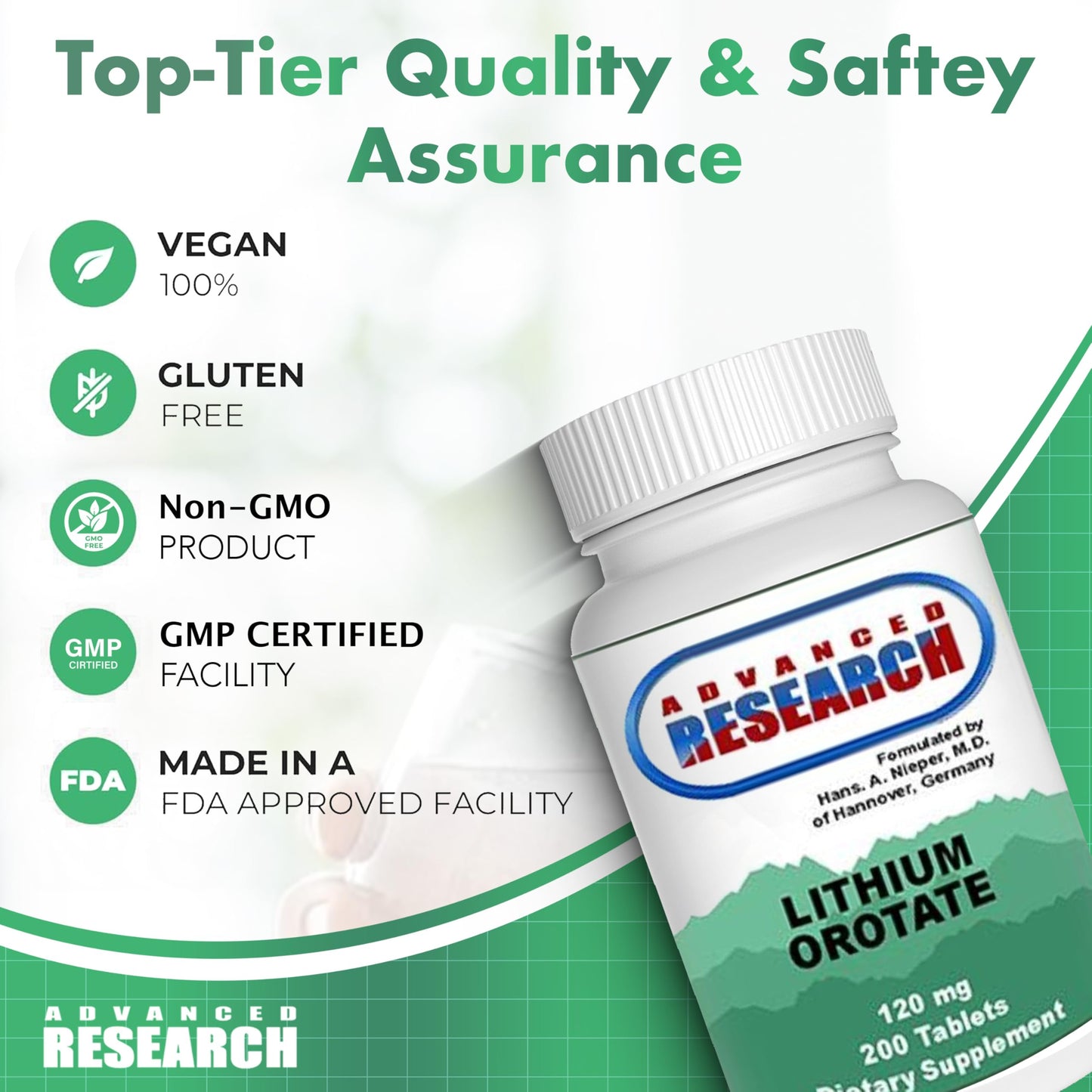 NCI Advanced Research Dr. Hans Nieper Lithium Orotate 5mg, 200 Count, Lab Tested, Non-GMO, Gluten Free, Vegan Friendly NCI Advanced Research