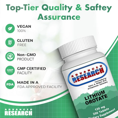 NCI Advanced Research Dr. Hans Nieper Lithium Orotate 5mg, 200 Count, Lab Tested, Non-GMO, Gluten Free, Vegan Friendly NCI Advanced Research