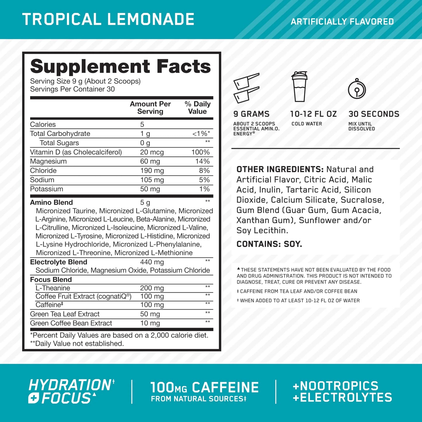 Optimum Nutrition Amino Energy Powder Plus Focus, with BCAA, Electrolytes, and Caffeine, Tropical Lemonade, 30 Servings (Packaging May Vary) Optimum Nutrition