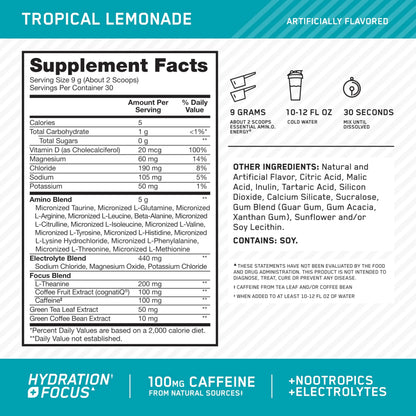 Optimum Nutrition Amino Energy Powder Plus Focus, with BCAA, Electrolytes, and Caffeine, Tropical Lemonade, 30 Servings (Packaging May Vary) Optimum Nutrition
