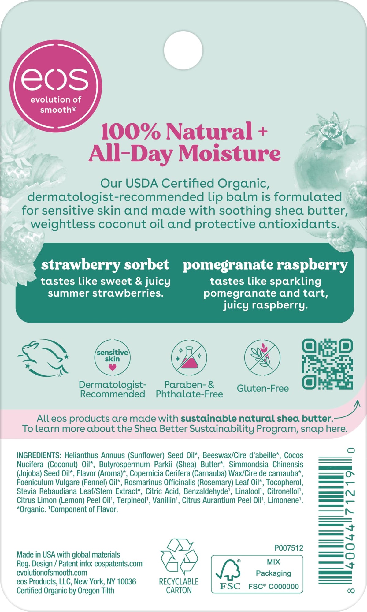 eos 100% Natural Lip Balm - Strawberry Sorbet and Pomegranate Raspberry, All-Day Moisture, Lip Care Products, 0.14 oz, 2-Pack eos