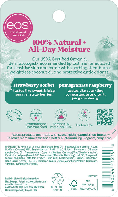 eos 100% Natural Lip Balm - Strawberry Sorbet and Pomegranate Raspberry, All-Day Moisture, Lip Care Products, 0.14 oz, 2-Pack eos