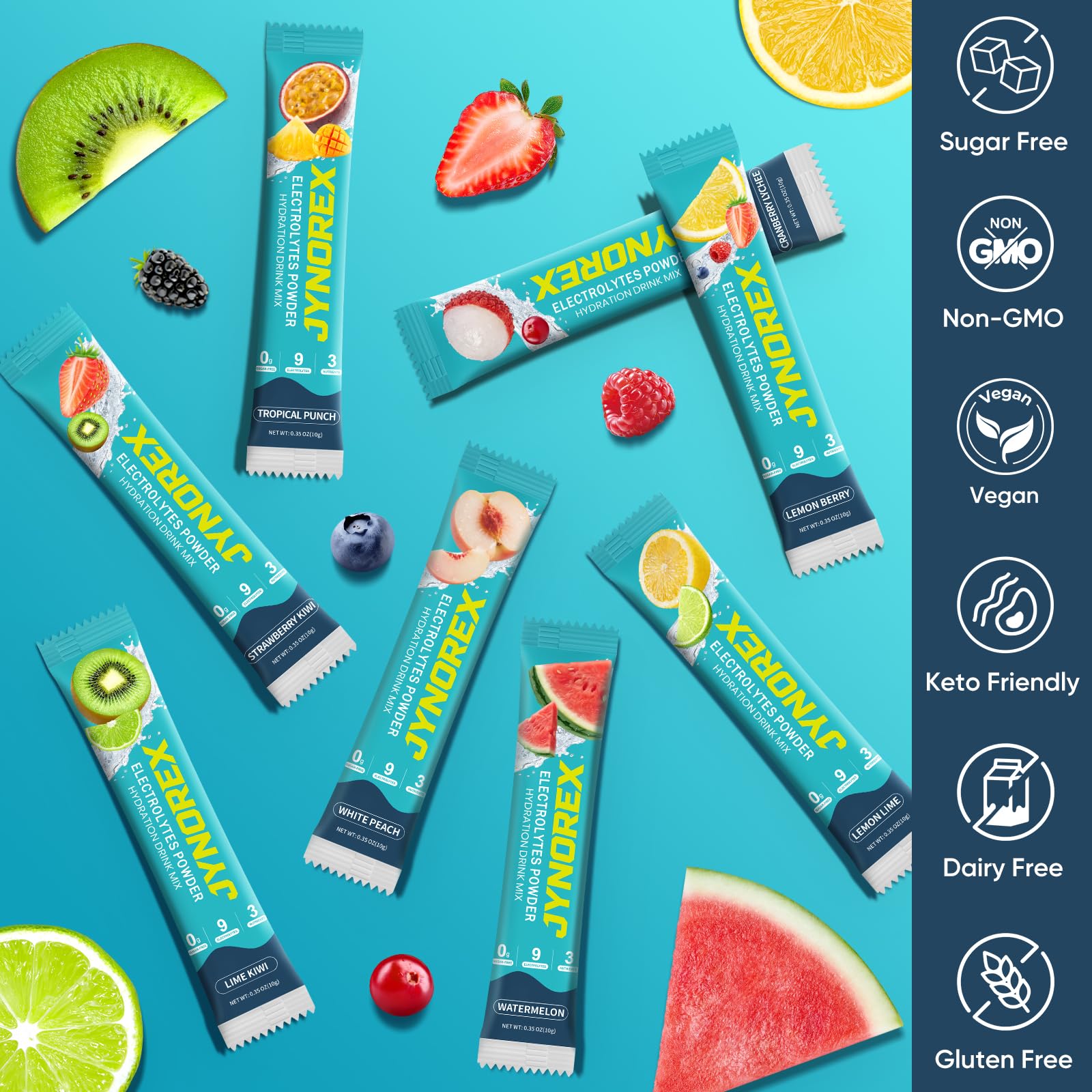 JYNOREX Electrolytes Powder Packets Sugar Free, 30 Sticks High Sodium Hydration Packets, Electrolyte Drink Mix with Lemon Lime Watermelon Peach Berry Kiwi JYNOREX buy australia supplements