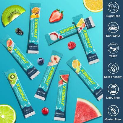 JYNOREX Electrolytes Powder Packets Sugar Free, 30 Sticks High Sodium Hydration Packets, Electrolyte Drink Mix with Lemon Lime Watermelon Peach Berry Kiwi JYNOREX