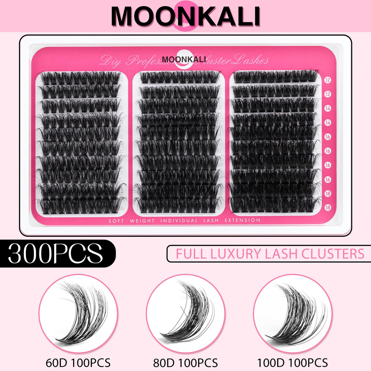 Lash Clusters 60D 80D 100D Mix Individual Lashes Clusters Luxury Versatile 3D Full Eyelash Clusters 12-18MM Thick Volume Cluster Eyelash Extensions Waterproof D Curly DIY Fake Mink Eyelashes Extension MOONKALI