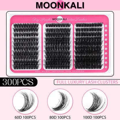 Lash Clusters 60D 80D 100D Mix Individual Lashes Clusters Luxury Versatile 3D Full Eyelash Clusters 12-18MM Thick Volume Cluster Eyelash Extensions Waterproof D Curly DIY Fake Mink Eyelashes Extension MOONKALI