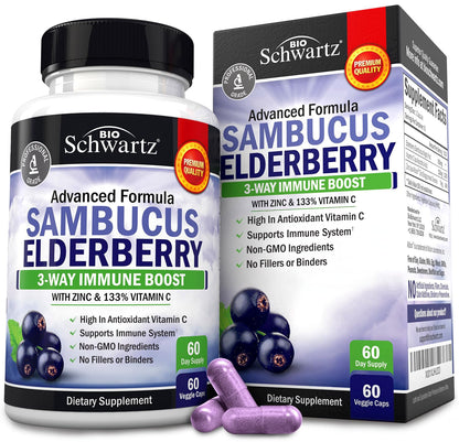 Elderberry Capsules with Zinc and Vitamin C for Adults - Immune Support Vitamins for Women and Men - Black Sambucus Elderberry Vitamin C and Zinc BioSchwartz
