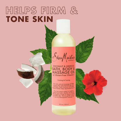 Shea Moisture Coconut & Hibiscus Massage Oil and Body Oil for Dry Skin, Bath Oil with Coconut Oil and Vitamin E Oil for Skin, 8 oz Shea Moisture