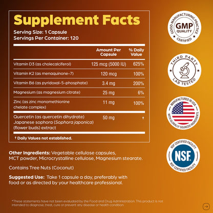 Sandhu's Vitamin D3 K2 Magnesium 5000 IU, 120mcg K2 Capsules 120 Count (Pack of 1) | with VIT B6, Zinc & Quercetin | D3K2 Supports Superior Absorption Sandhu's