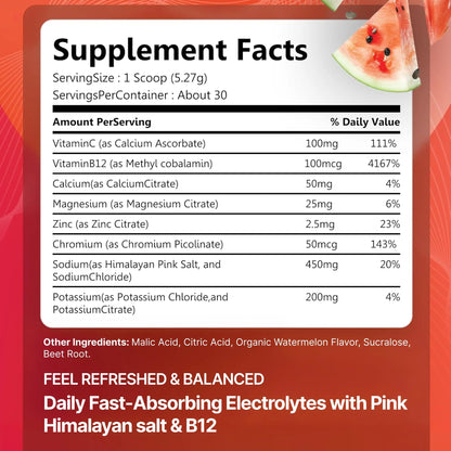 Rosabella Electrolyte Drink Powder – Watermelon – Sugar-Free Hydration Drink Mix – Electrolytes Powder with Sodium, Potassium, Magnesium, Calcium Rosabella