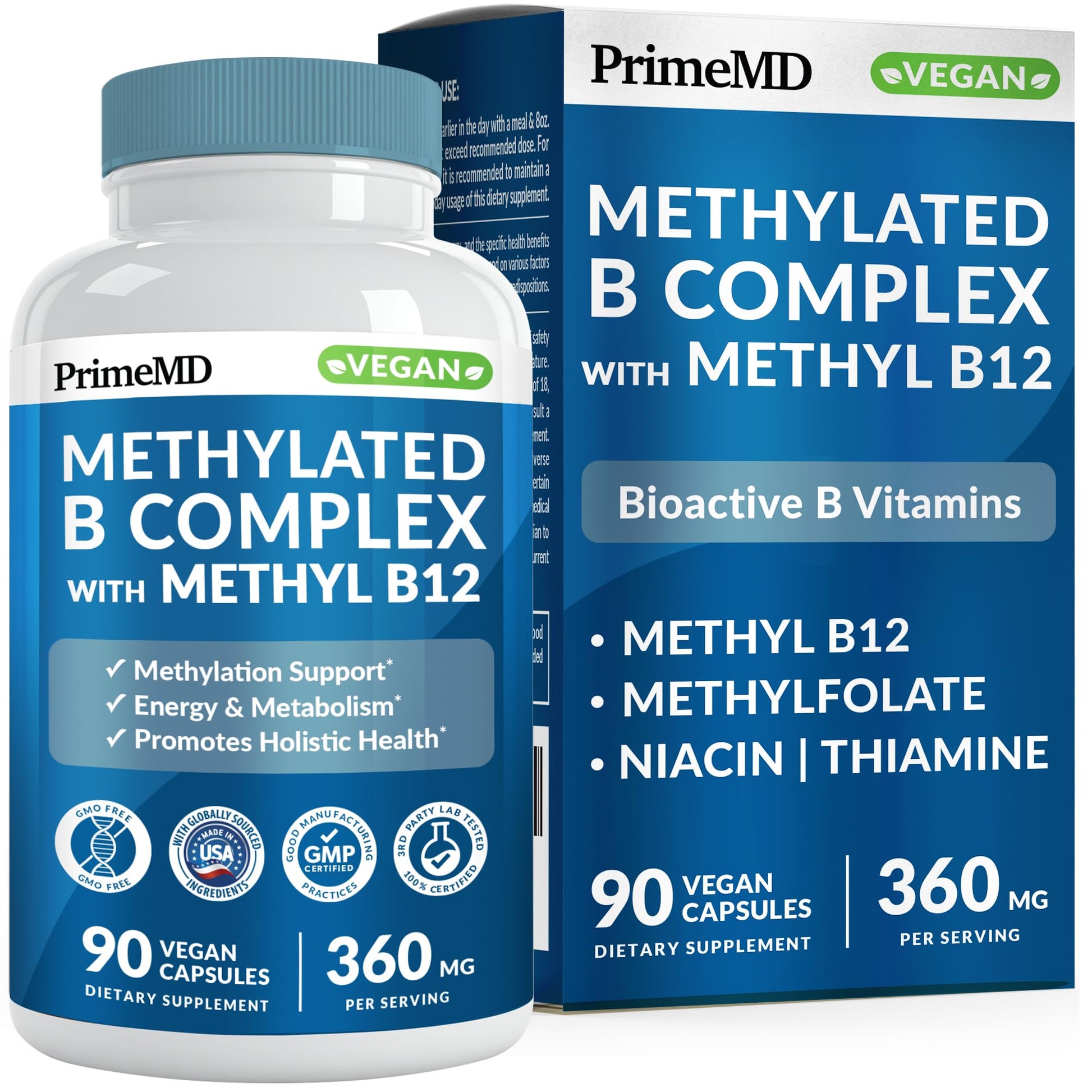 Methylated B Complex with Methylfolate and B12 Methylcobalamin 1000 mcg - Methylated Multivitamin for Energy, Brain Function, and Wellness - Vitamin B Complex for Men & Women (90 Servings) (Pack of 1) PrimeMD buy australia supplements