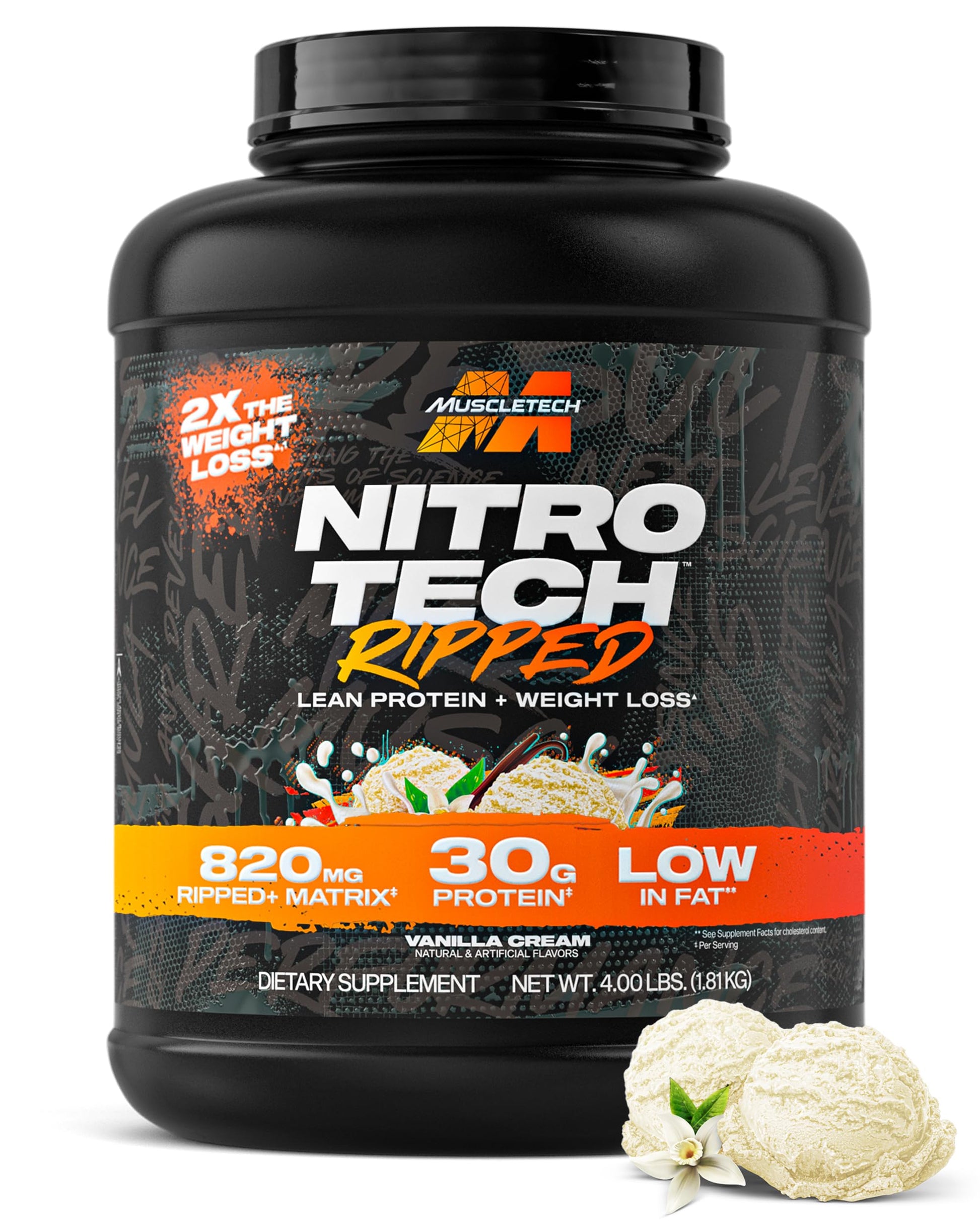 Muscletech Whey Protein Powder (Vanilla Cream, 4LB) - Nitro-Tech Ripped Whey Protein Isolate & Peptides Smoothie Mix for Lean Muscle & Fast Recovery - 30g of Whey Protein for Women & Men MuscleTech buy australia supplements