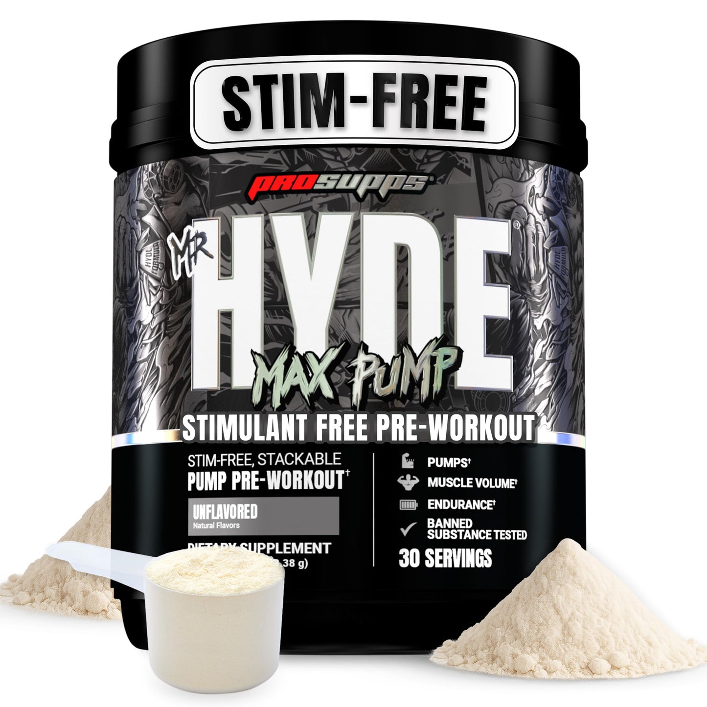 ProSupps Mr. Hyde Max Pump Pre Workout Powder - Stim-Free Preworkout Supports Blood Flow, Muscle Volume & Endurance - Caffeine-Free Nitric Oxide Gym & Fitness Supplements (Blue Razz, 20 Servings)