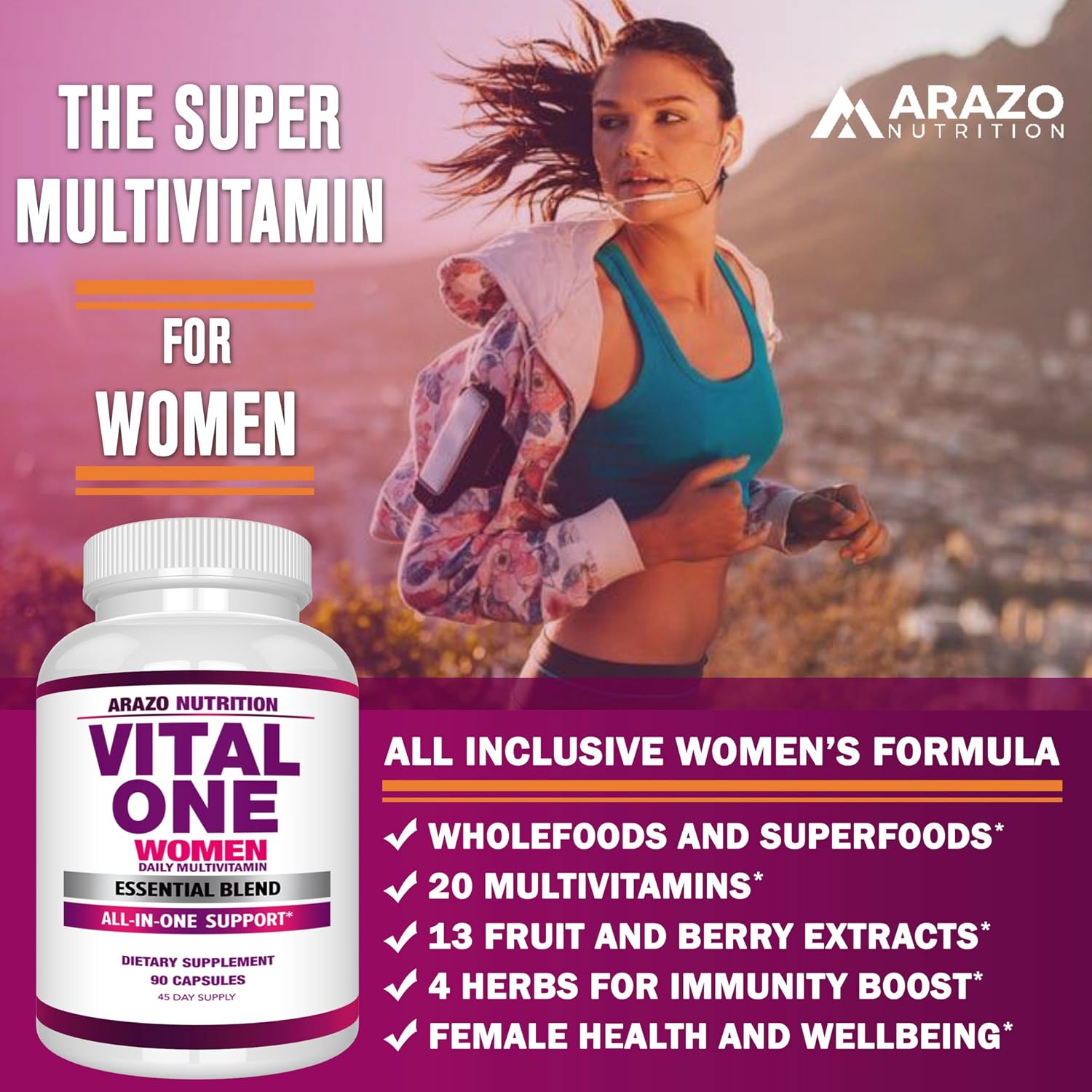 Arazo Nutrition Vital One Multivitamin for Women - Daily Wholefood Supplement - 90 Vegan Capsules Gsupps Australia