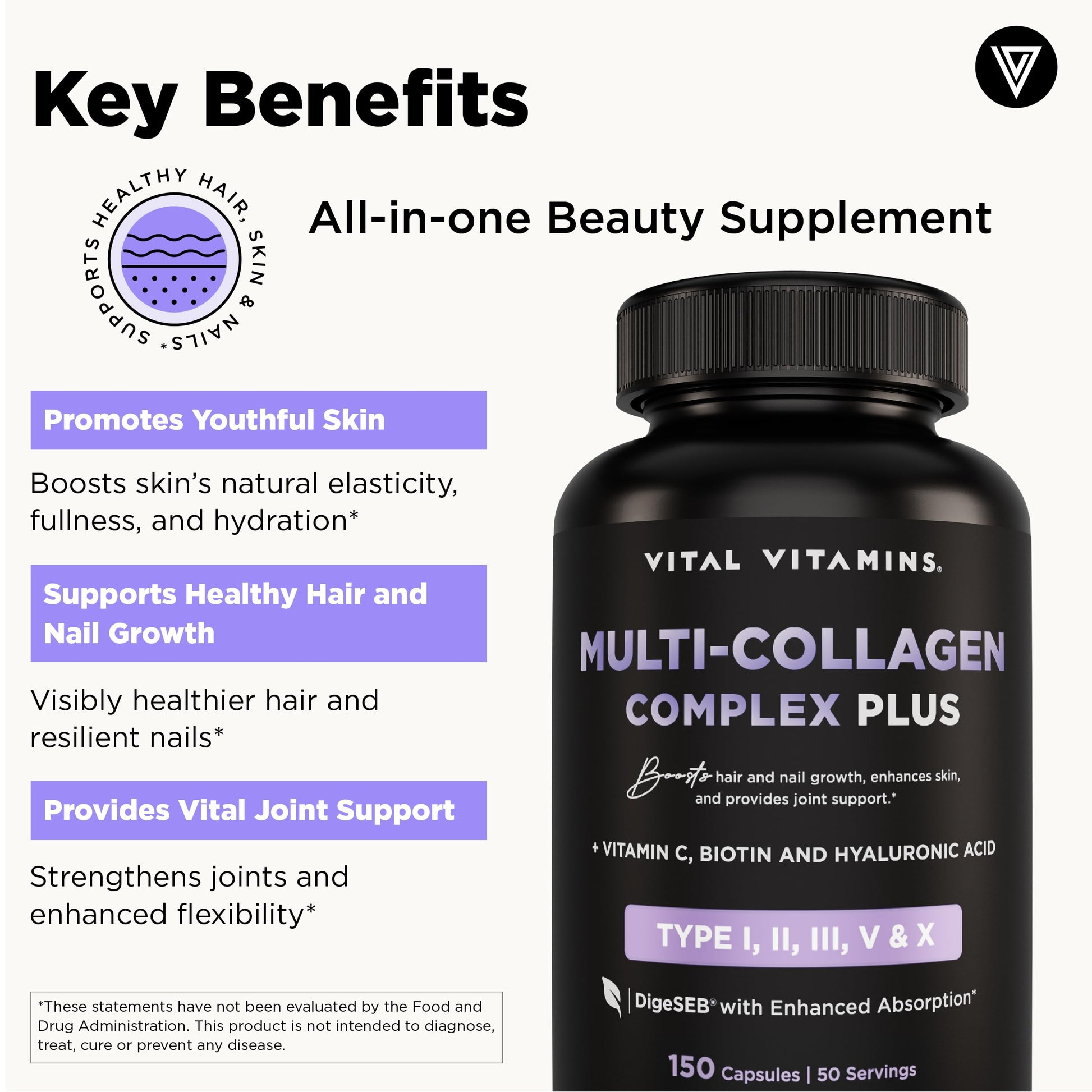 Vital Vitamins Multi Collagen Complex Plus - with Biotin, Hyaluronic Acid, Vitamin C - Type I, II, III, V, X - for Women & Men - Hair, Skin, Nails Beauty Complex - 150 Capsules Vital Vitamins buy australia supplements