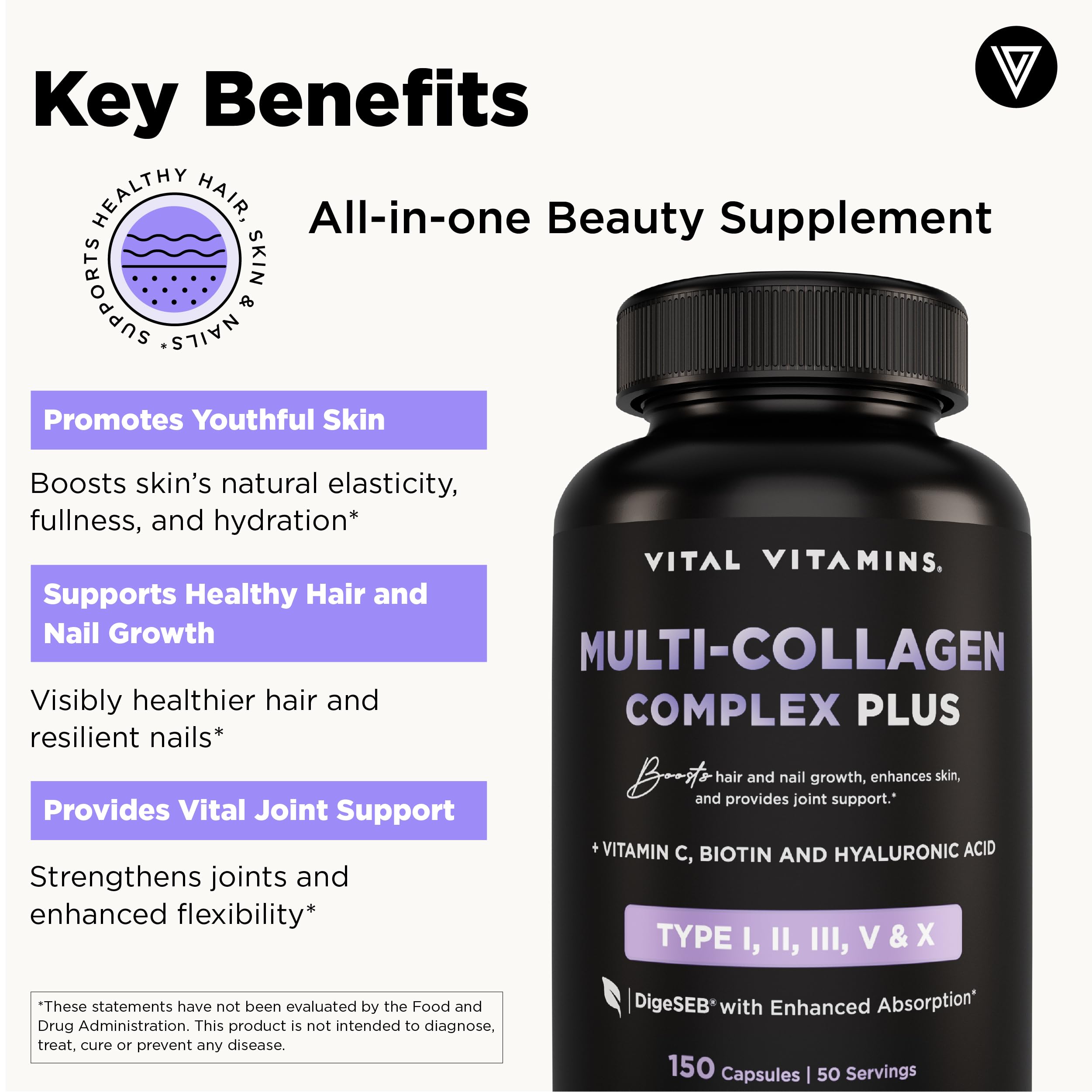 Vital Vitamins Multi Collagen Complex Plus - with Biotin, Hyaluronic Acid, Vitamin C - Type I, II, III, V, X - for Women & Men - Hair, Skin, Nails Beauty Complex - 150 Capsules Vital Vitamins buy australia supplements