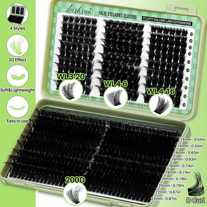 LASHSUN Lash Clusters Kit 540pcs D Curl 4 Styles 10-22mm Wispy Cluster Lashes Kit Soft and Comfortable False Eyelashes Extension Kit, DIY Long Lasting Lashes At Home (WL+200D Kit) LASHSUN