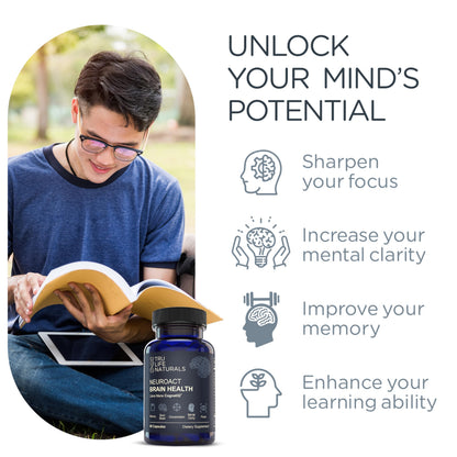 NEUROACT Brain Health Memory, Focus, Concentration, Mental Clarity with CognatiQ, Vitamin B3 & B6 | Manage Stress & Elevate Mood | Holistic Brain Health Formula, Sustained Energy & Well Being TRULIFE NATURALS