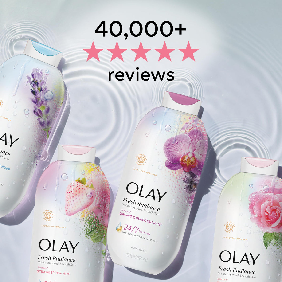 Olay Body Wash for Women, Fresh Radiance, 24/7 Skin-Loving Freshness, Visibly Radiant, Plant Based Cleansers, Vitamin B3 & Antioxidant Blend, For All Skin Types, Strawberry & Mint Scent, 29 fl oz Olay