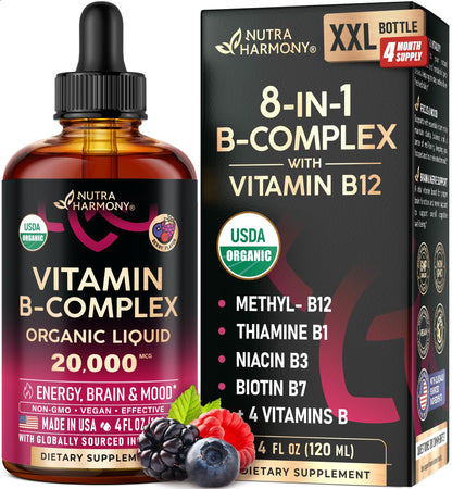 USDA Organic Vitamin B-Complex B5 Pantothenic Acid | B12 Methylcobalamin | B1 Thiamine | B6 Pyridoxine | B7 Biotin | B9 Folic | B3 Niacinamide NUTRAHARMONY