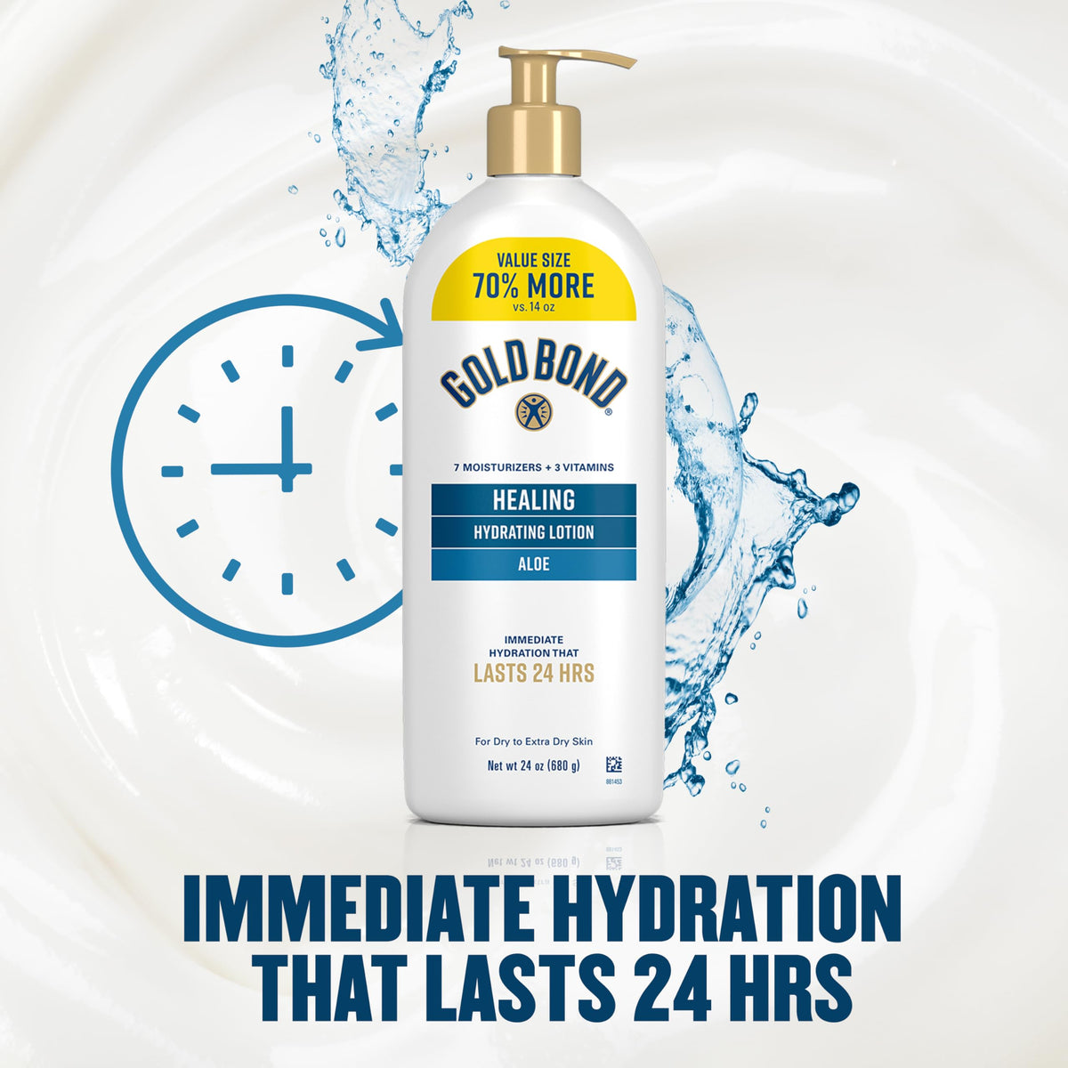 Gold Bond Healing Hydrating Body Lotion with Aloe, Moisturizer for Dry to Extra Dry Skin, 24-HR Hydration to Soothe & Comfort, Non-Greasy, Dermatologist-Tested, Light Scent, 24 Oz Family Size Pump Gold Bond