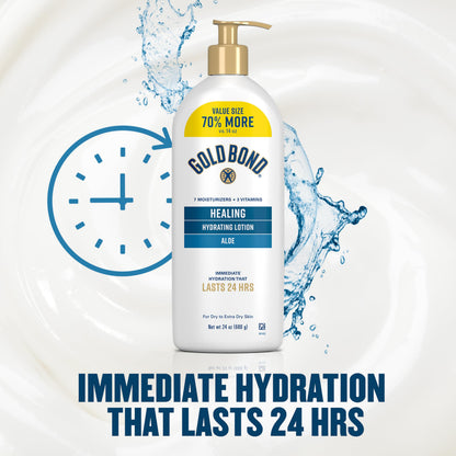 Gold Bond Healing Hydrating Body Lotion with Aloe, Moisturizer for Dry to Extra Dry Skin, 24-HR Hydration to Soothe & Comfort, Non-Greasy, Dermatologist-Tested, Light Scent, 24 Oz Family Size Pump Gold Bond