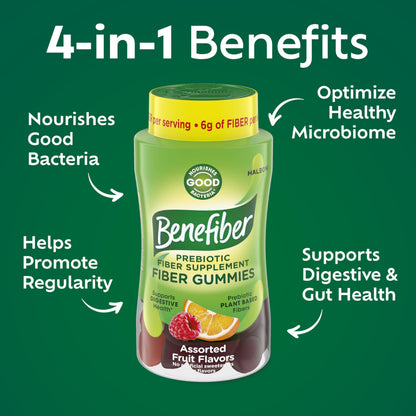 Benefiber Prebiotic GLP-1 Friendly Fiber Supplement Gummies for Digestive Health, Assorted Fruit Flavor - 81 Count Benefiber